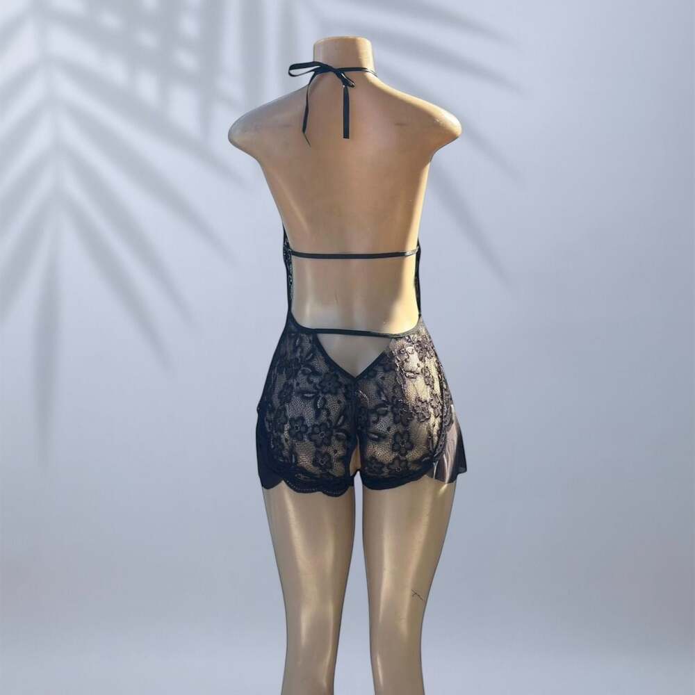 Women's Black Lace Deep V-Neck Halter Teddy Bodysuit Lingerie ✧ S - Picture 4 of 4